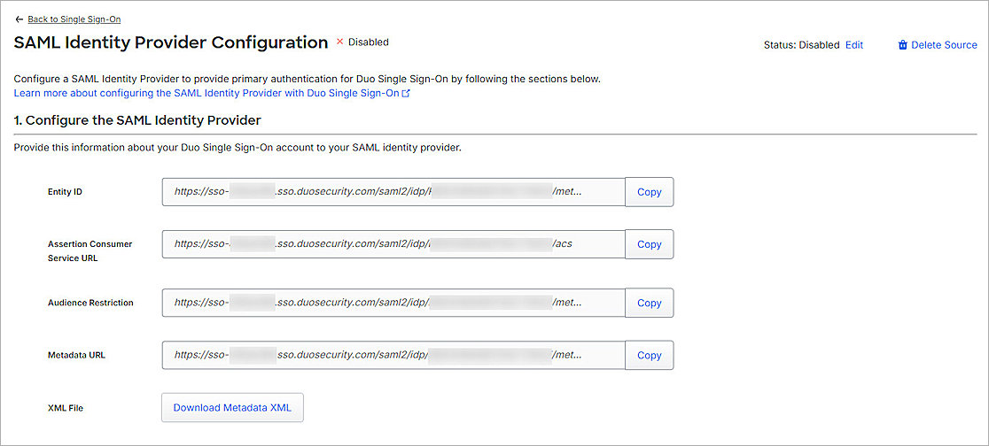 Screenshot of the SAML Identity Provider Configuration page in Duo.